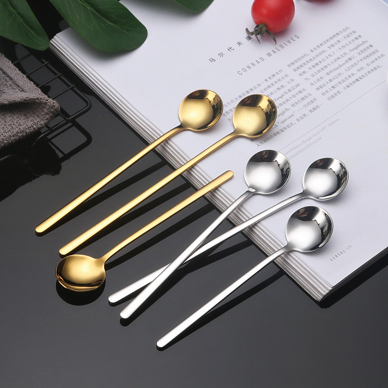 Stainless Steel New Small Round Spoon Long Handle Spoon Coffee Spoon Ice Spoon High Color Value Household Hand Gift Wholesale Spoon Gold