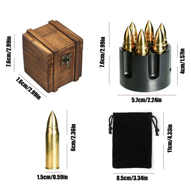 Amazon Bullet Whiskey Stone Set-Wooden Boxed Gold/Silver Ice Cube Bullet Ice Wine Stone