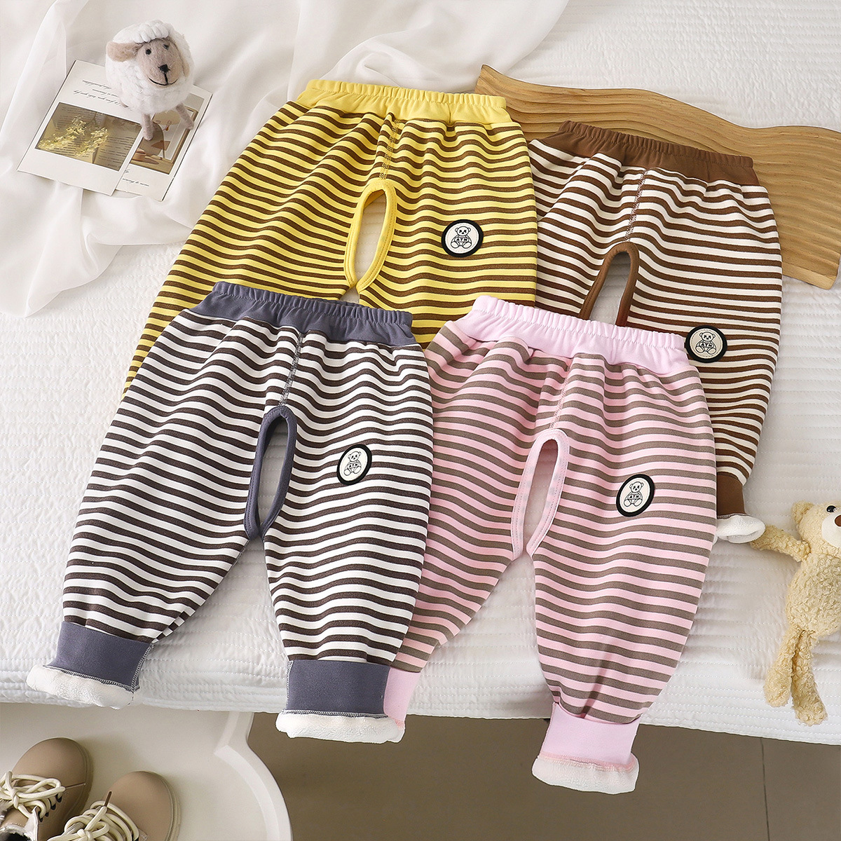 Baby Open-Crotch Pants Children's Spring Autumn Winter Pants Infant Fleece-Lined Tummy-Protecting High-Waist Pants Toddler Seamless Leggings