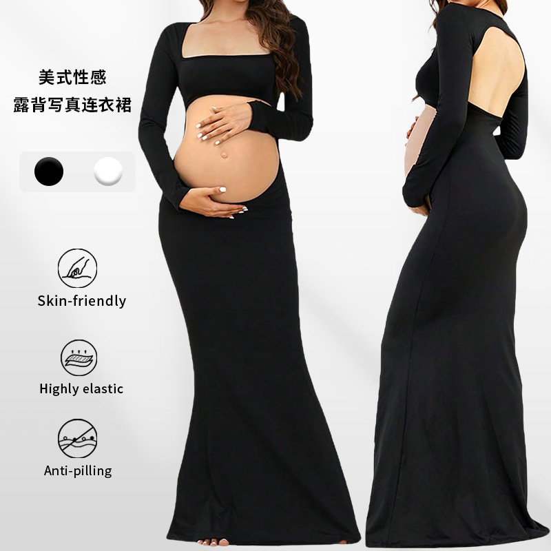 European and American Cross-Border Maternity Photo Shoot Clothing Elastic Maternity Dress Fishtail Skirt Cut-Out Back Exposed Belly Floor-Length Skirt for Women