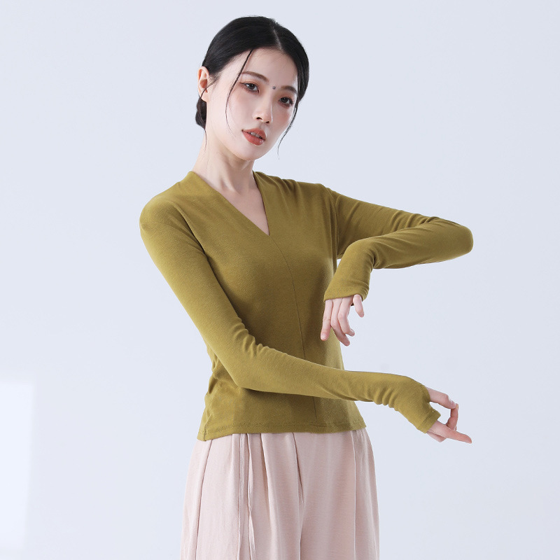 Modern Dance Body Training Suit Slim Temperament V-Neck Long Sleeve Sleeve Finger Chinese Classical Dance Slim Top