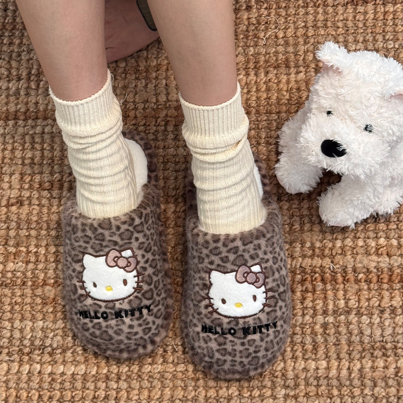 Authentic Kitty Cotton Slippers for Women Winter Indoor Household Non-Slip Warm Fleece-Lined Cartoon Sanrio Furry Slippers