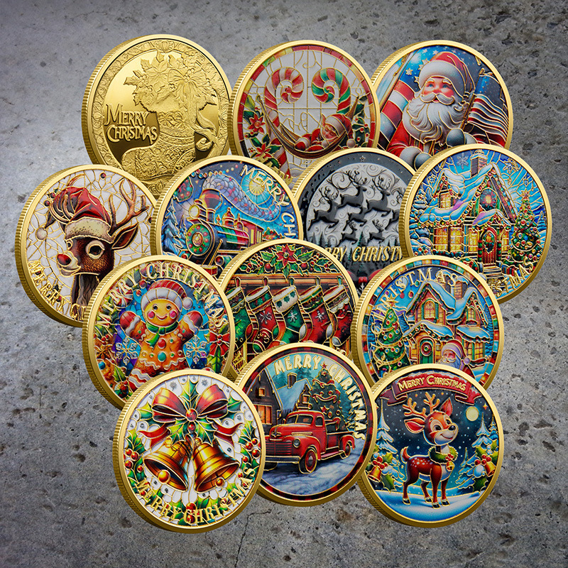 Foreign Trade Christmas Commemorative Medal European and American Santa Claus Sleigh Auspicious Deer Colorful Commemorative Gold Coin Decision-Making Game Coin