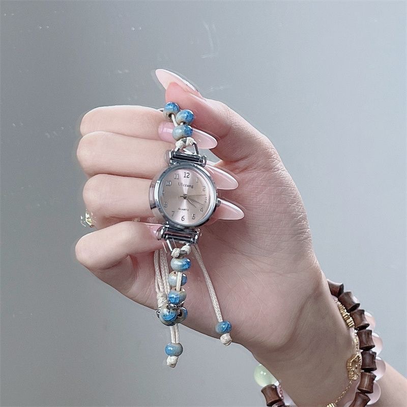 Модные минималистичные керамические часы с плетеным браслетом для студенток, лесной стиль, свежие и художественные маленькие круглые часы