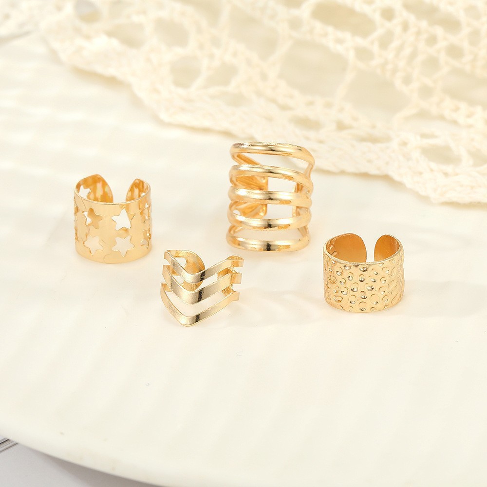 European and American Creative, Simple, Personalized, High-End Gold Non-Pierced Star Hollow Ear Cuff C-Shaped 4-Piece Set of Earrings