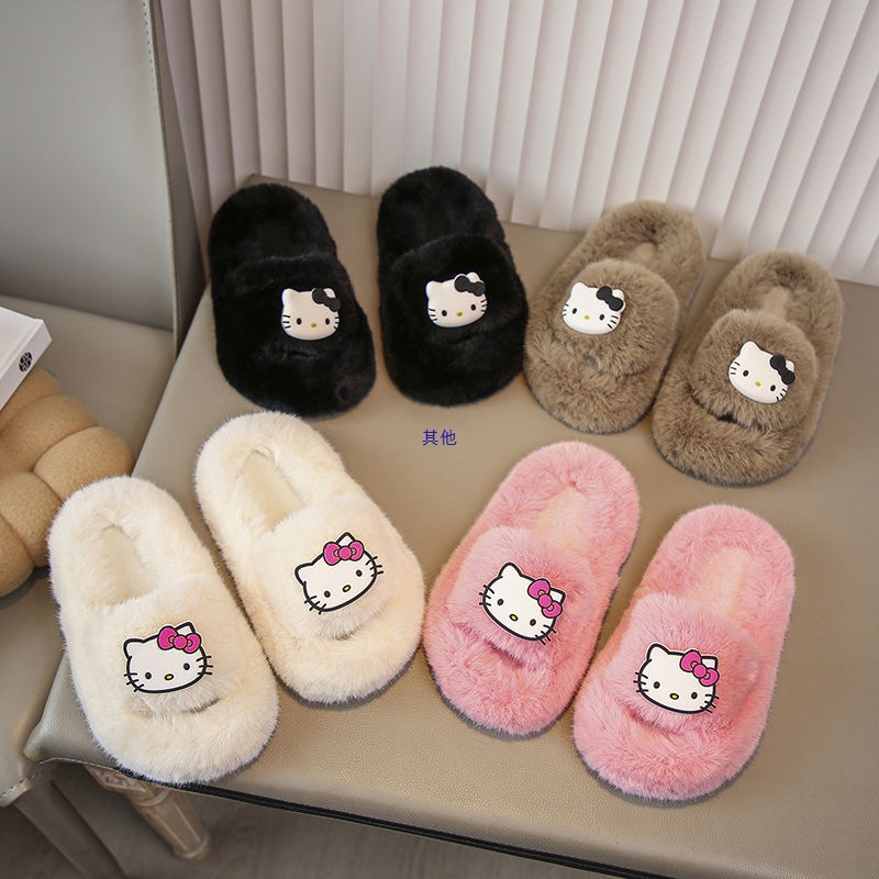 Hello Kitty Stuffed Furry Slippers Outerwear Children's Shoes 2023 Autumn Children's Home Girls Cute Princess Cotton Slippers