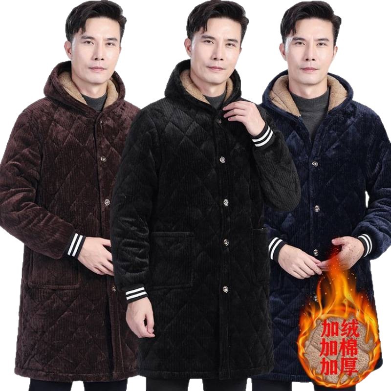 Thickened Cotton-Padded Men's Coat, Winter Warm Fleece-Lined Mid-Length Cotton-Padded Jacket, Loose Cotton-Padded Jacket, Work Clothes, Outwear