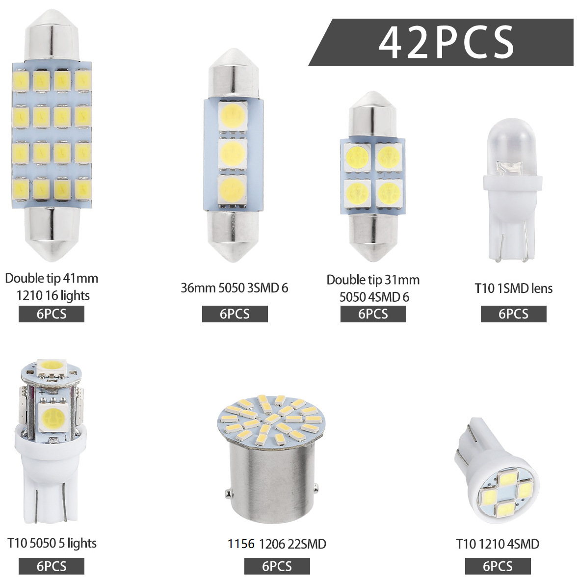 Car LED CombinaTion SeT 42PCS T10 WidTh LighT Double Tip Reading LighT License PlaTe LighT Indoor Door LighT