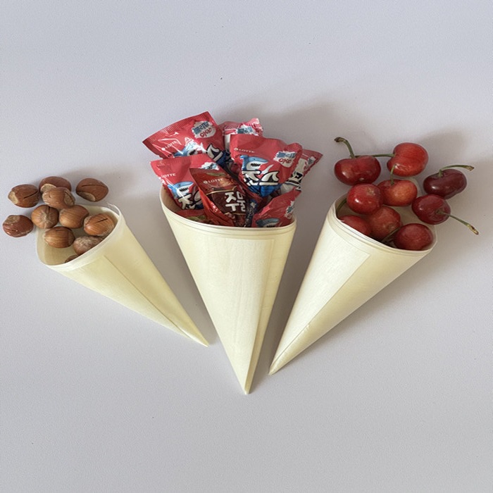 Cross-Border Labeling Disposable Tableware Poplar Ice Cream Cone Container Wooden Cone Disposable Wood Veneer Cone Horn Cup