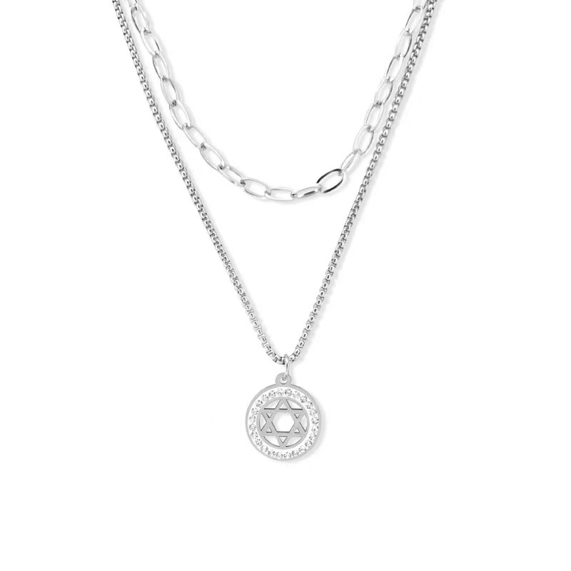 Six-Pointed Star Rhinestone Necklace Pendant Jewelry Double-Layered Hip-Hop Design Titanium Steel Couple Men and Women Non-Fading Universe