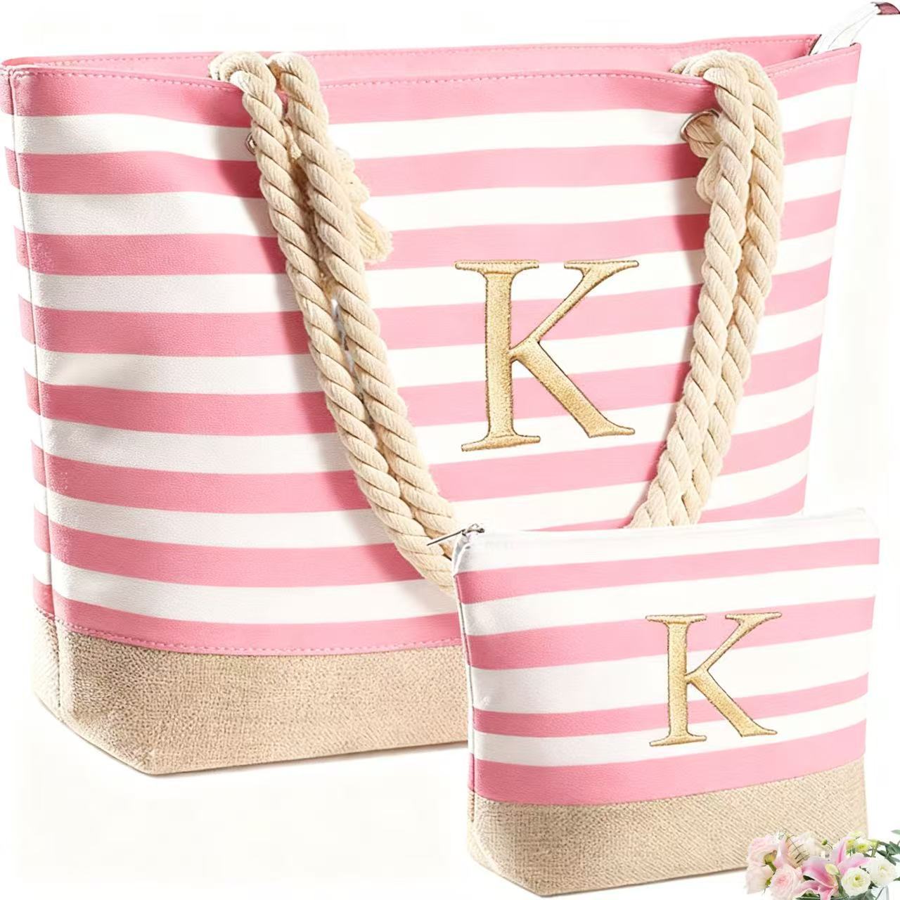 Waterproof Cross-Border Striped Beach Bag, Cotton Rope Handbag, Shoulder Bag, Travel Bag, Large Capacity Mother-Daughter Bag, Tote Bag, Lightweight
