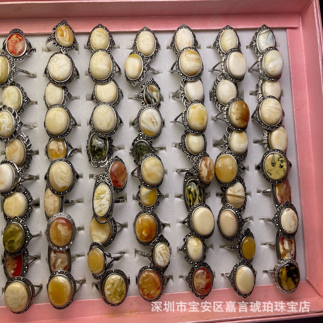 Shenzhen Songgang Factory Source Wholesale Natural Amber Beeswax Devil 925 Silver White Wax Inlaid Ring