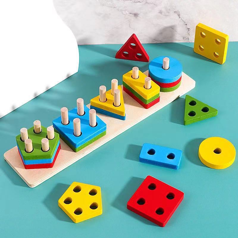 Weiweihu Set Column Montessori Early Education Shape Cognition Matching Building Blocks Children's Wooden Set Column Amazon Educational Toys