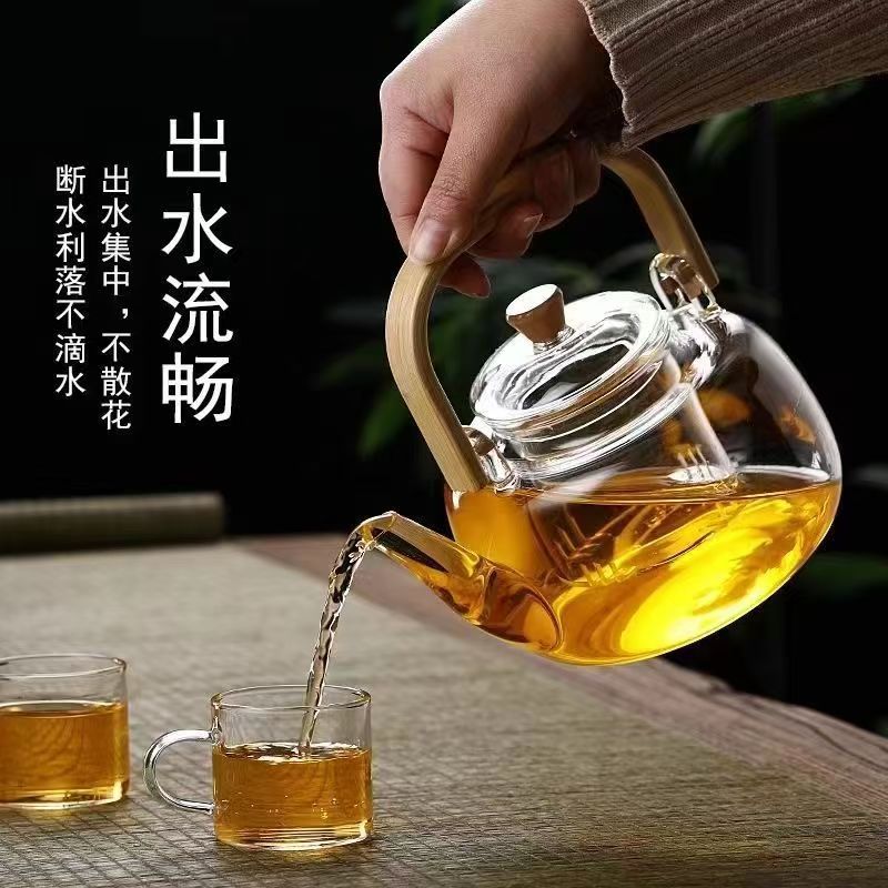 Heatable High-Temperature Borosilicate Glass Bamboo Handle Tea Brewing Pot with Integrated Steaming and Filtering Tea Pot with Handle