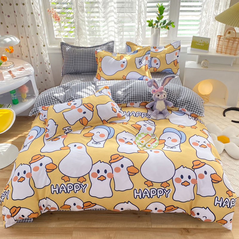 Small fresh skin-friendly cartoon aloe vera cotton four-piece bedding student dormitory single bed sheet quilt cover three-piece set