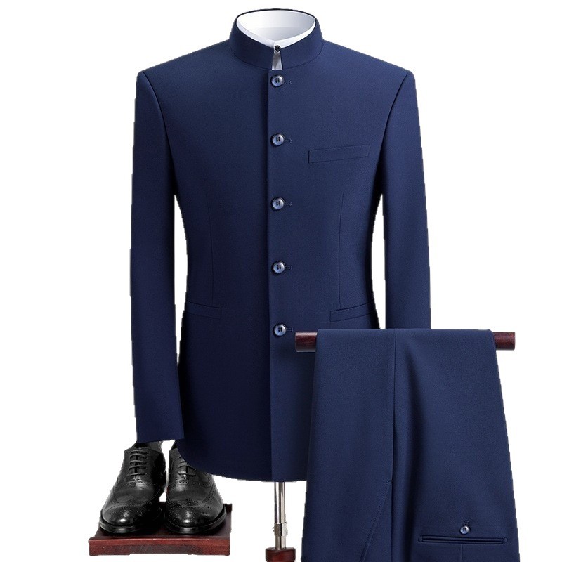 Men's Slim-Fit Chinese-Style Suit with Stand Collar for Young Men, Suitable for Performances, Weddings, and Groom Attire for Autumn