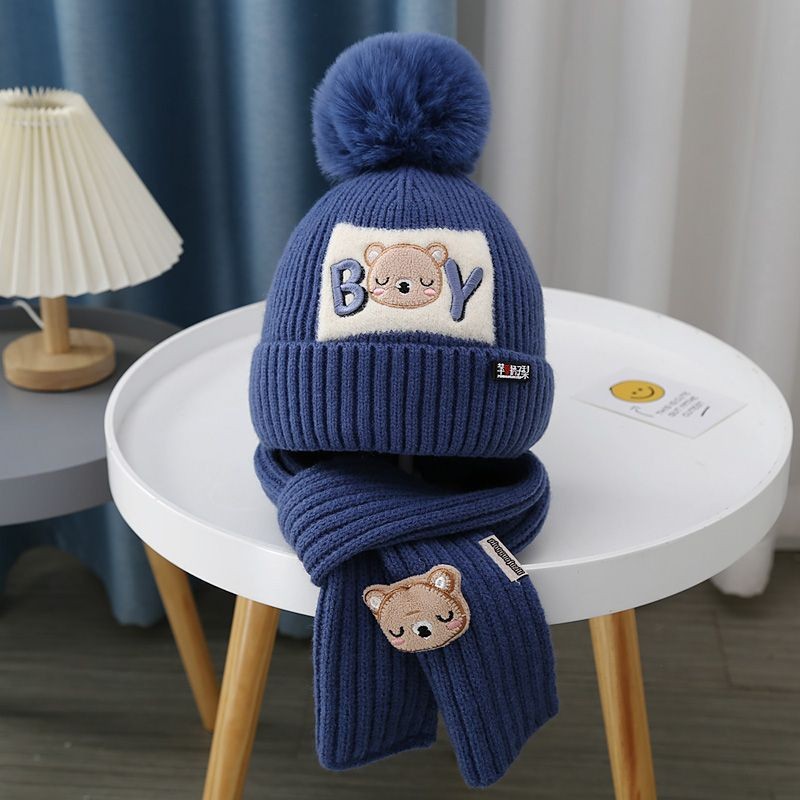 Two-piece Hat Scarf Winter Children's fleece-lined Thick Cold-proof Ear Protection Knitted Hat Scarf suit Cartoon Wool Hat