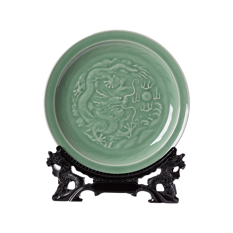 Empty Mountain Xinyu Longquan celadon dragon pattern plate decoration home Creative ceramic Home Office Chinese style decoration