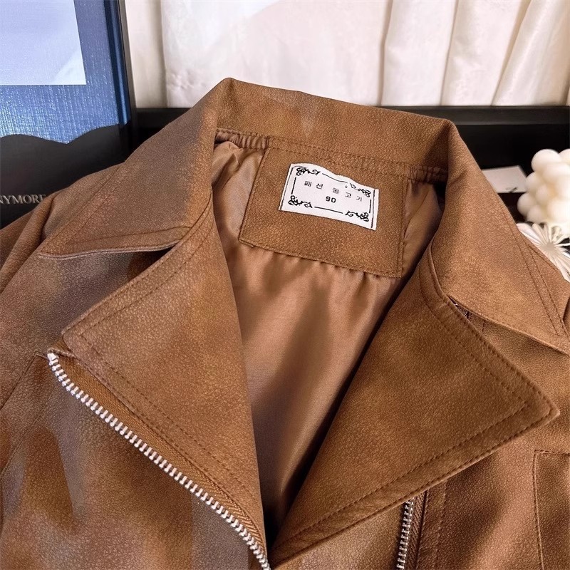 Children's Maillard Leather Coat 2024 Spring and Autumn New Children's Loose Lapel Retro Biker Suit