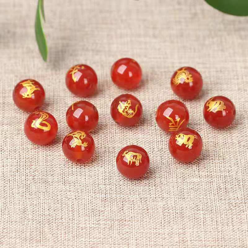 Natural Red Agate Zodiac Beads DIY with Engraved Surnames, Round Beads Accessories Wholesale, Zodiac-Themed Cultural Items