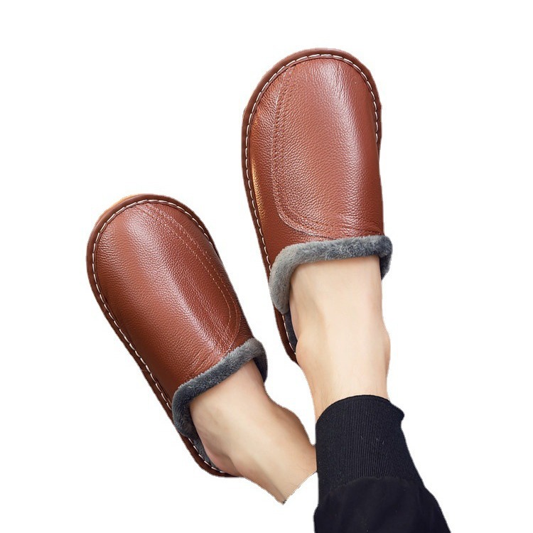 Winter Home Cowhide Genuine Leather Slippers for Women and Men Indoor Thickened Non-Slip Solid Color Home Warm Slippers Wholesale