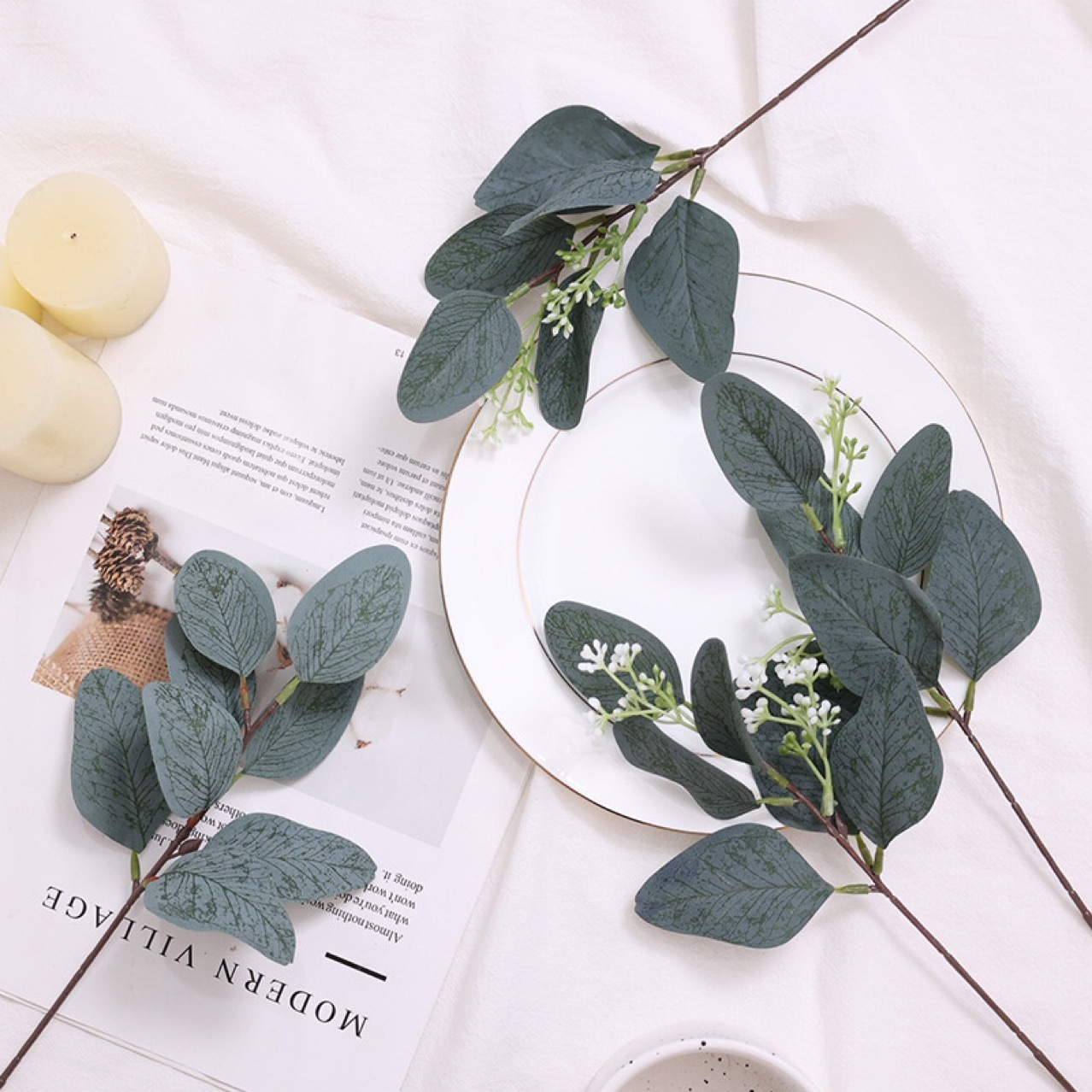Cross-border specially for eucalyptus leaf with fruit money leaf single branch flower arrangement eucalyptus leaf plant simulation fake flower living room pendulum