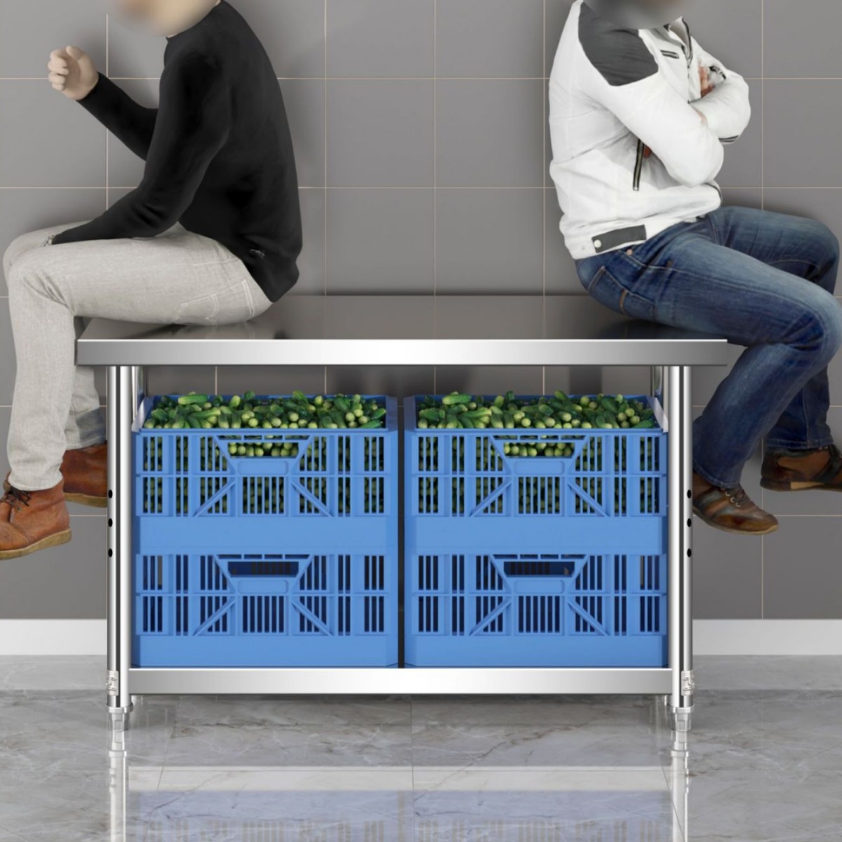 Two-Story Commercial Workbench, Stainless Steel Kitchen Workbench, Rectangular Restaurant Vegetable Cutting Table, Stainless Steel Workbench