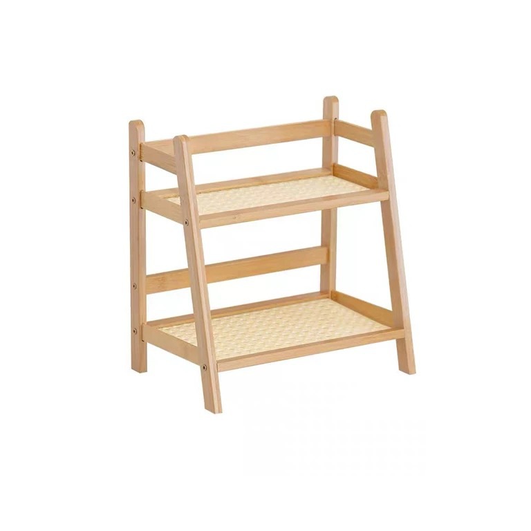 Ins Antique Rattan Cream Color Double-Layer Desktop Storage Rack Dormitory Bedroom Office Kitchen Cup Rack
