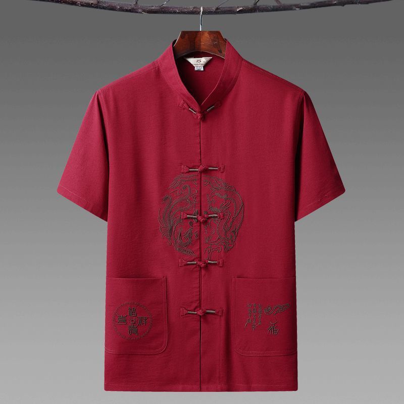 Tang Suit Men's Middle-aged and Elderly Dad Summer Clothes Ice Silk Short-sleeved Elderly Clothes Men's Chinese Style Retro Grandpa Thin Hanfu