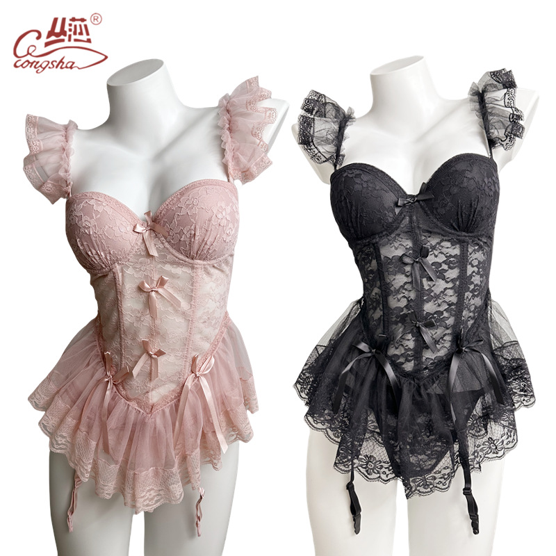 Французский стиль сексуальный корсет сексуальное нижнее белье жилет верхняя одежда чистая кружевная сетка Fishbone бюстгальтер комплект
