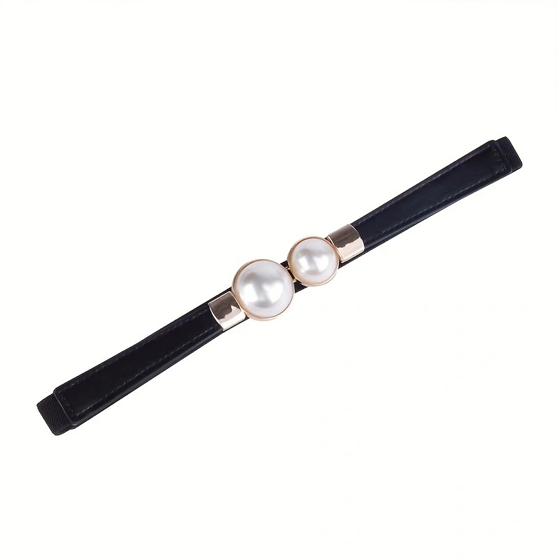 Fashion Pearl Thin Belt Women's Decorative Waist Seal with Skirt Vintage Elastic Narrow Belt All-match Belted Waist Black