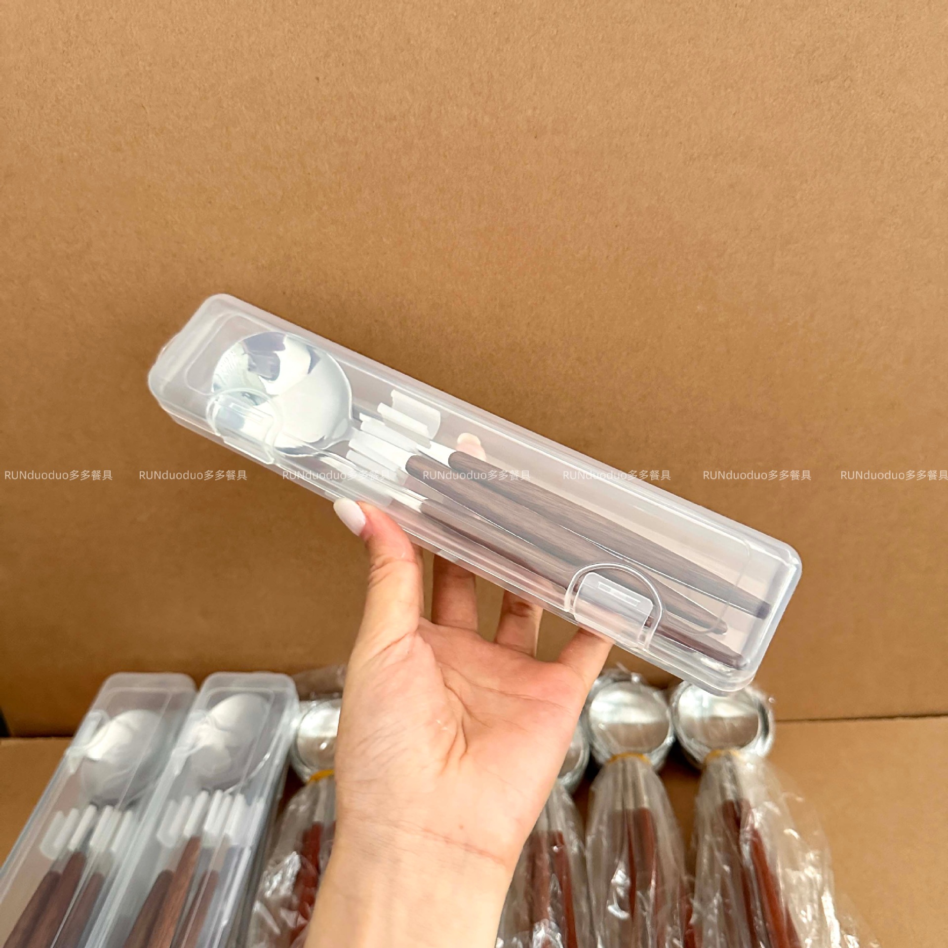 Stainless Steel Portable Cutlery Box Imitation Wooden Handle Chopsticks Spoon Fork Set Korean Three-Piece Student Tableware for One Person