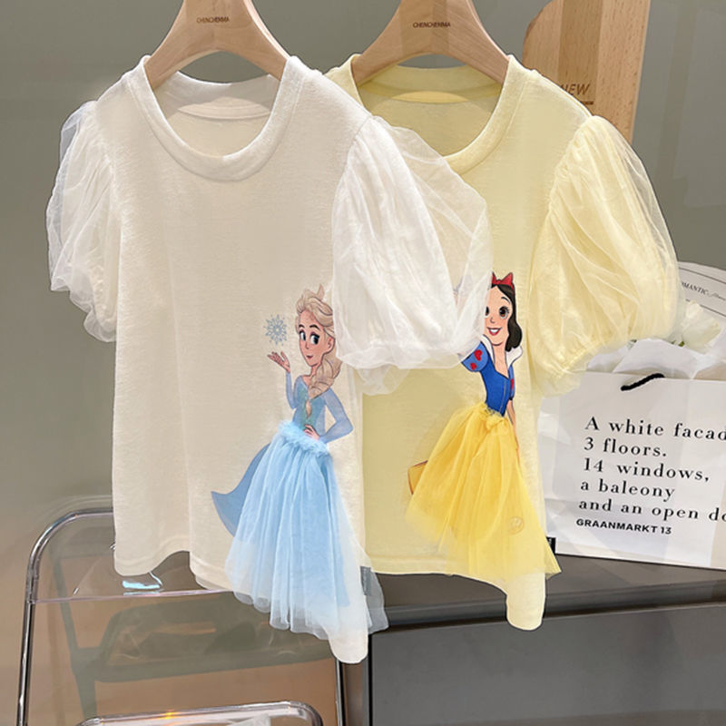 Girls' Summer New Style Mesh Puff Sleeve Princess T-shirt Children's Baby Stylize Cartoon Short Sleeve Top All-Match Trendy