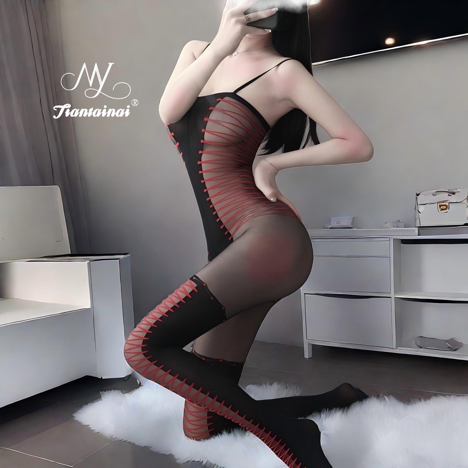 Sexy lingerie stockings jumpsuit hand-tearing temptation transparent flirtatious sex suit passion perspective uniform sexy women