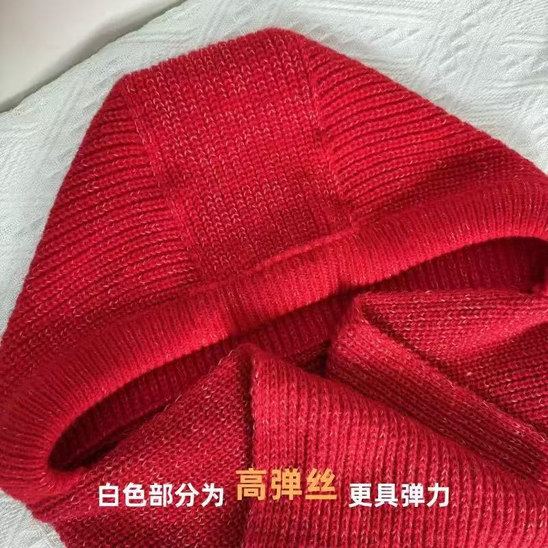 New Red Hat and Scarf All-In-One Warm Knitted Hat for Women Autumn and Winter Cold Protection Ear Protection Wool One-Piece Hat Cross-Border