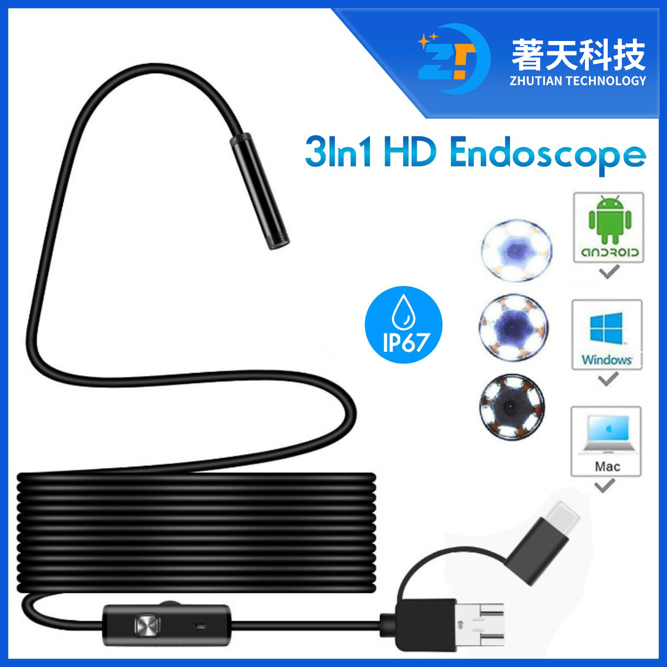 Кросс-браузерный 5.5мм трехв-один мобильный телефон компьютерный эндоскоп с типом C, для трубопроводов автомобильного кондиционера