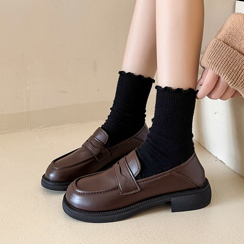 Black British-Style Women's Leather Shoes with Chunky Heels, 2025 Spring and Autumn New Slip-On Chunky Heel Loafers, Round-Toe Dual-Wear Women's Shoes