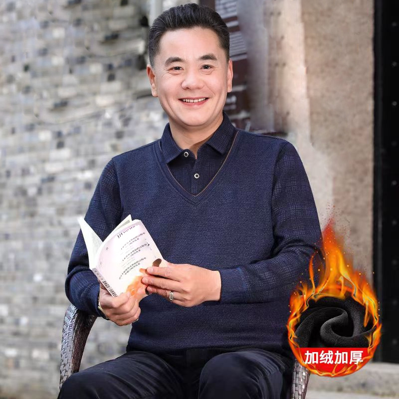 2024 Middle-aged and Elderly Men's fleece-lined Thickened Fake Two-piece Clothes Dad Clothes 40-60 Years Old Boil Warm Clothes for Middle-aged Men