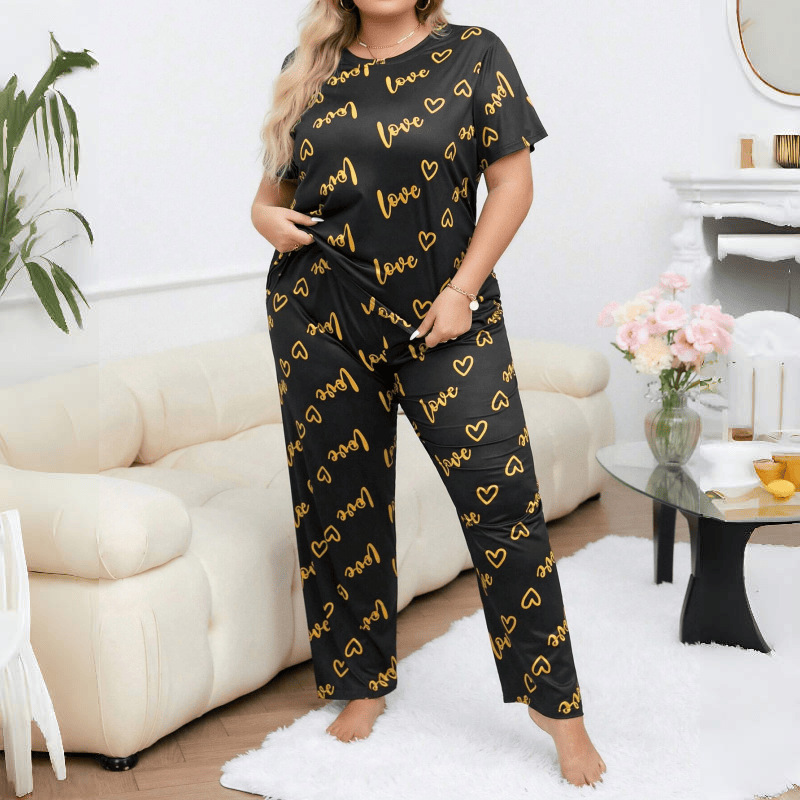 European and American Style Plus-Size Loungewear for Big and Tall Women, Oversized Heart-Shaped Crew Neck Short-Sleeve Long Pants Women's Pajama Set