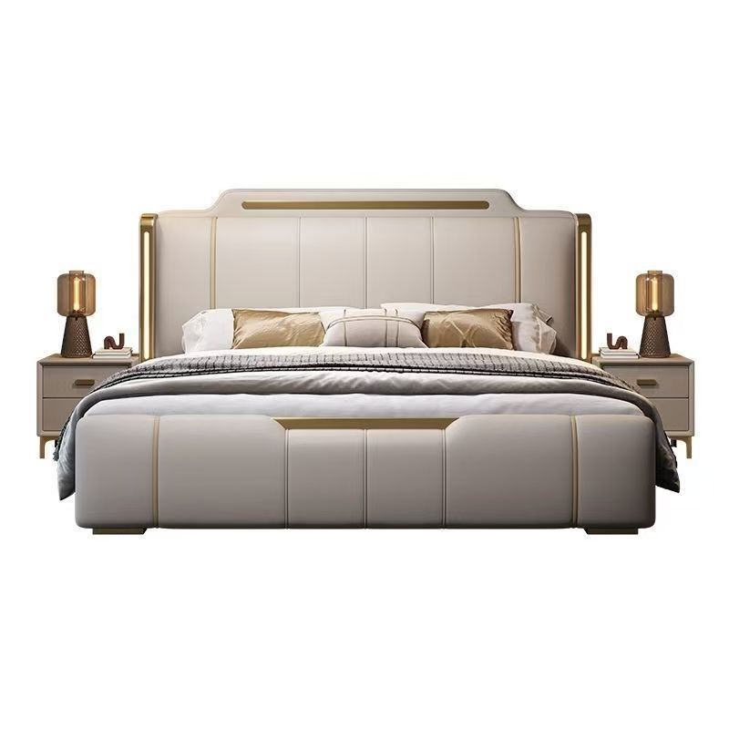 Master Bedroom Bed, New Italian-Style Light Luxury Leather Bed, Modern Minimalist Leather Bed, Master Bedroom Elegant High-End Double Bed, Upholstered Wedding Bed