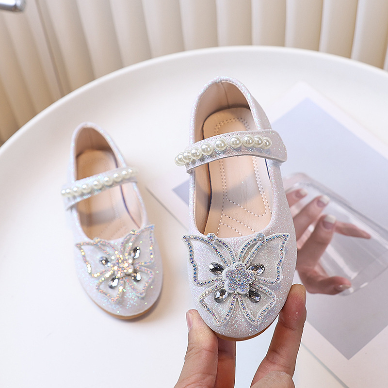 2025 Spring Cross-Border New Bow Pearl Leather Shoes Children's Single Shoes High-Looking Princess Shoes for Women