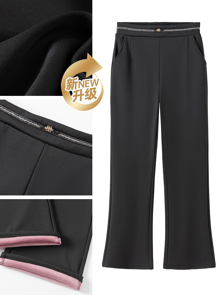 Plus-Size Casual Pants for Middle-Aged and Elderly Women, Winter Fleece-Lined Mulberry Silk, Mom-Style, Drapey, Fashionable, Versatile, Casual Flared Pants