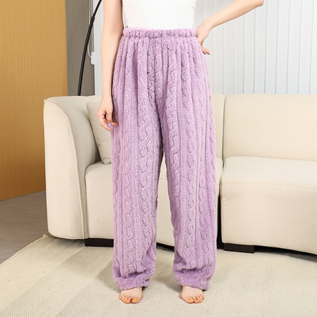 Flannel Pajamas Women's Coral Velvet Fleece-Lined Thickeneded Warm Jacquard Home Pants Autumn and Winter Loose Plush Pants
