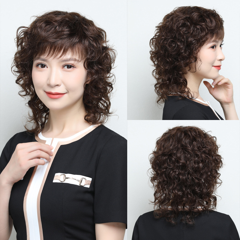 Wig women's long curly hair full head cover women's mother real hair cover full real human hair natural fake hair in stock