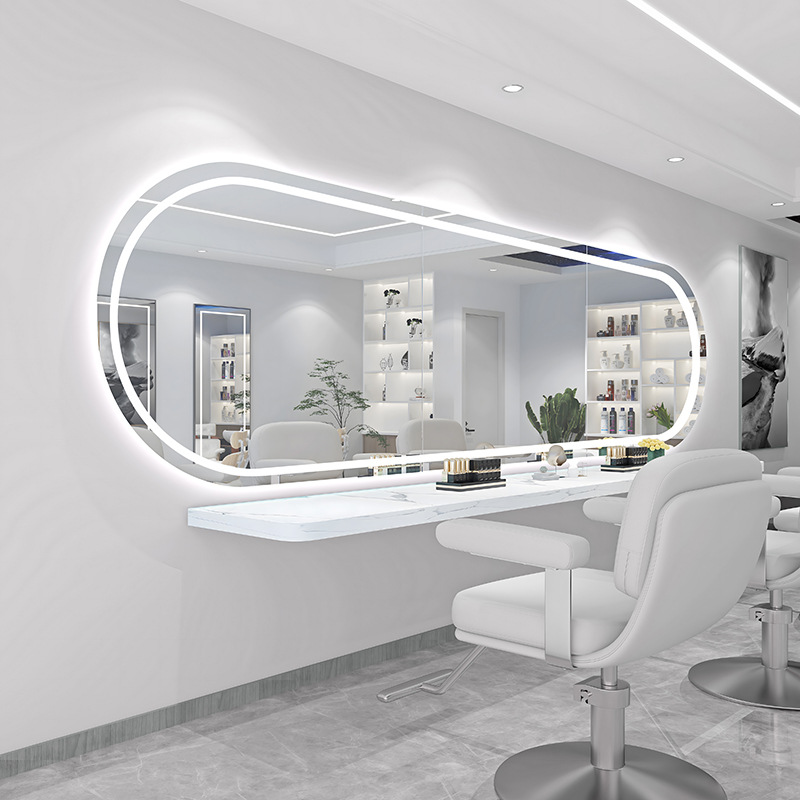 Barber shop mirror hair salon special hair cutting perm mirror with LED light horizontal hanging chase mirror high-end hair salon mirror