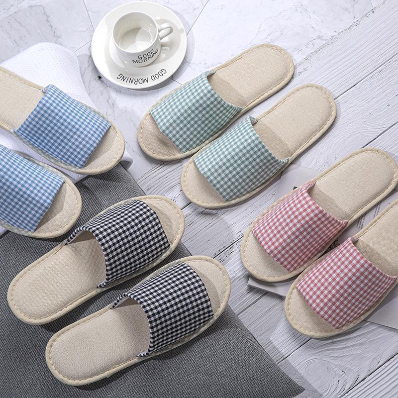 Spring and summer hotel Plaid linen slippers home leisure hospitality men's and women's slippers hotel room slippers wholesale