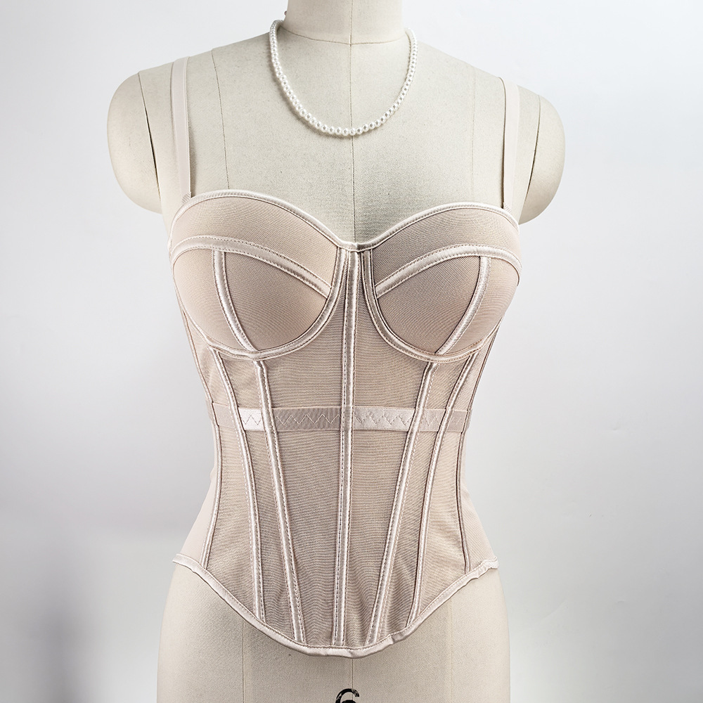 European and American Style Pure Desire Fishbone Bra Knitted Mesh Solid Color Camisole Slimming Beautiful Back Strap Bra Pad Outerwear Bra