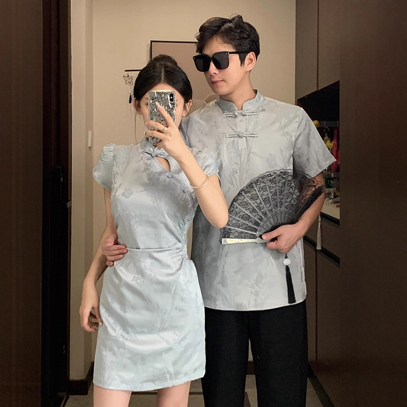 Новый китайский стиль костюм для пары, национальный стиль улучшенное жаккардовое платье, короткое платье-чайка с завышенной талией и стойкой