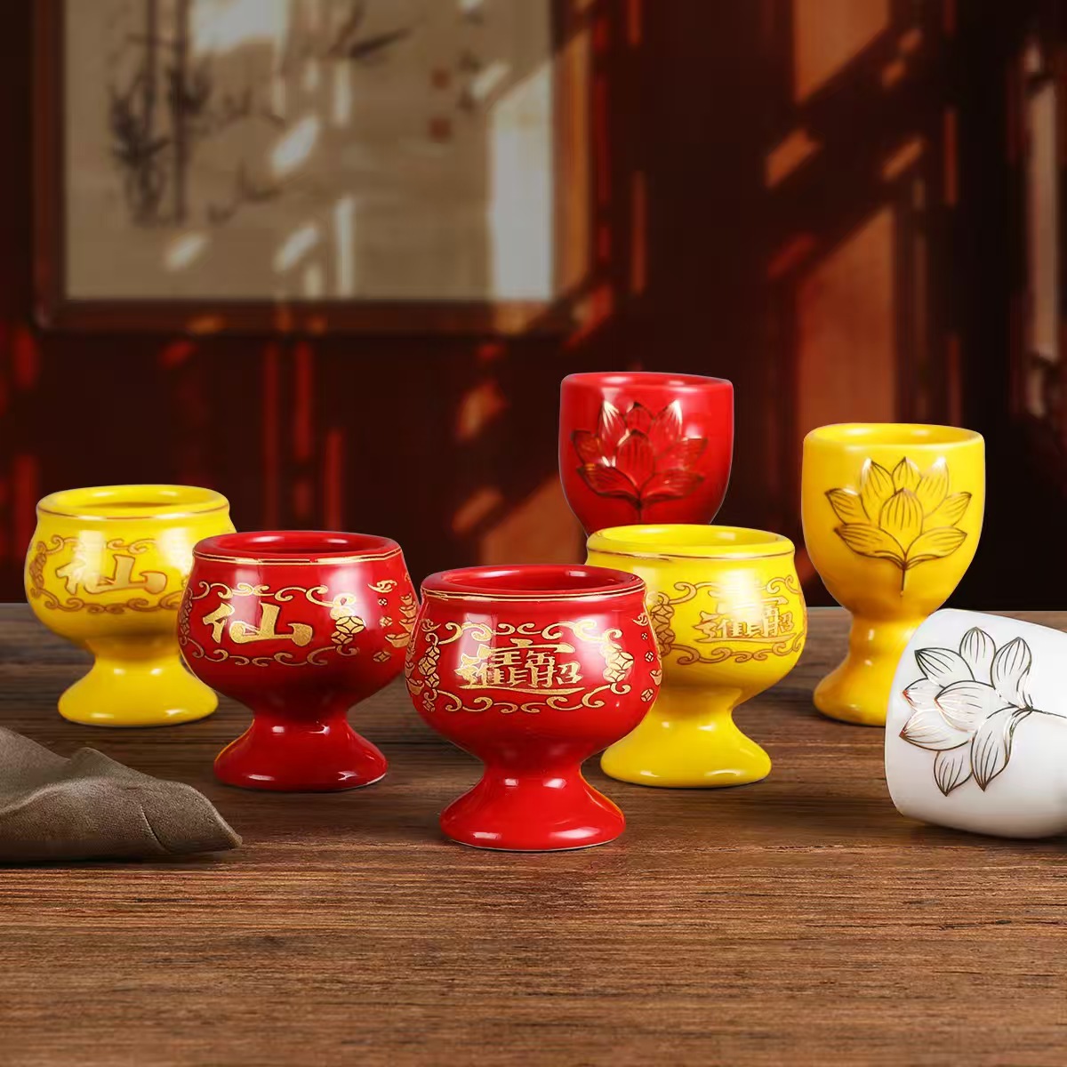 Ceramic Holy Water Cup for Home Use, Offering to the God of Wealth, Offering to the Immortals, Offering to Buddha, Offering Water Cup, Offering Table, Wine Cup, Tea Cup, Three-Cup Holder Wholesale