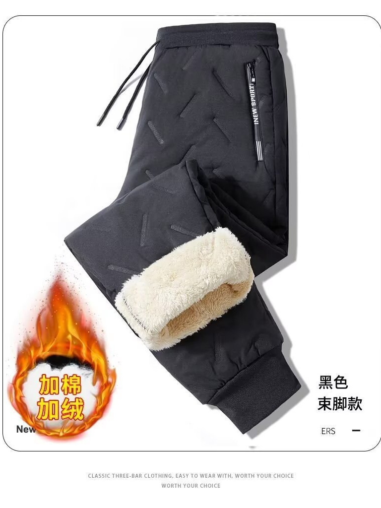 Fleece-Lined Thickened Lamb Wool Pants for Men, Casual Versatile Cotton Pants, Winter Cold-Proof Sports Warm Jogger Sweatpants Wholesale
